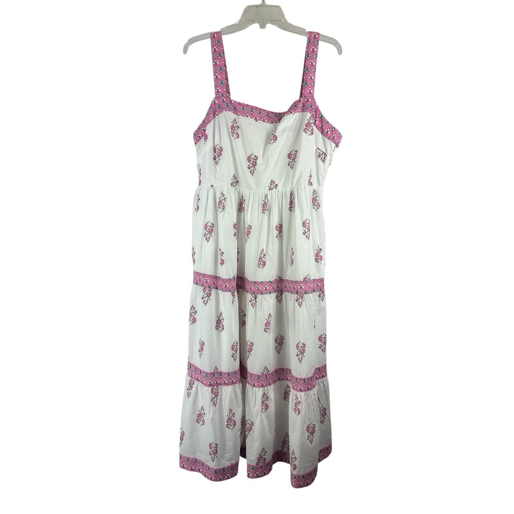 J. Crew Smocked Waist Square Neck  Dress in Block Print Size 14 Pink Pockets